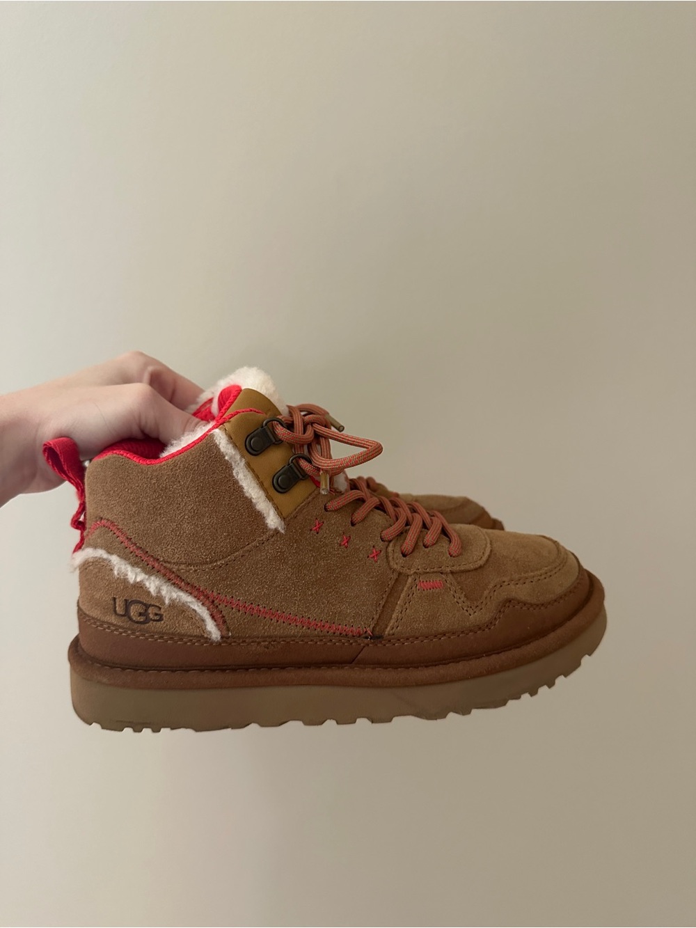 UGG Tan Suede Lace-Up Shearling Boots with Red Accents